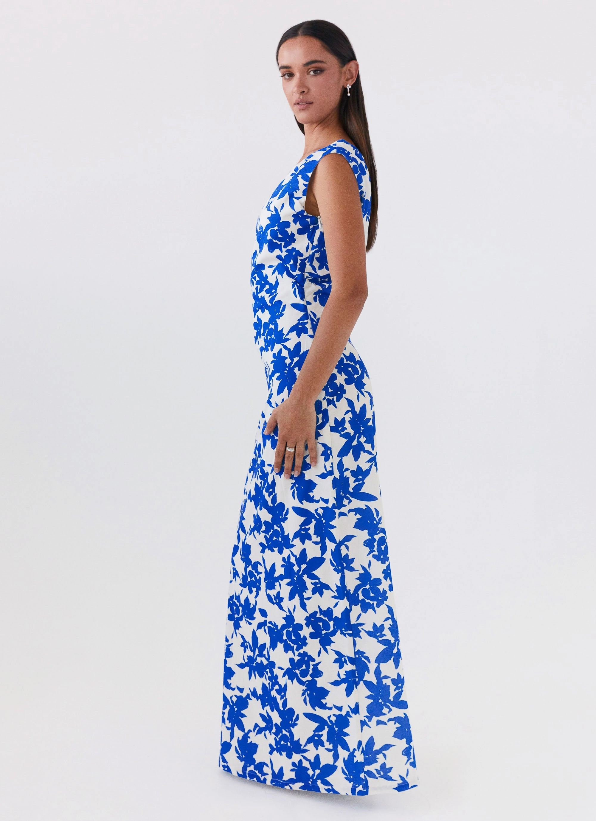 Runway Inspired Pyper Off Shoulder Maxi Dress - Blue Floral