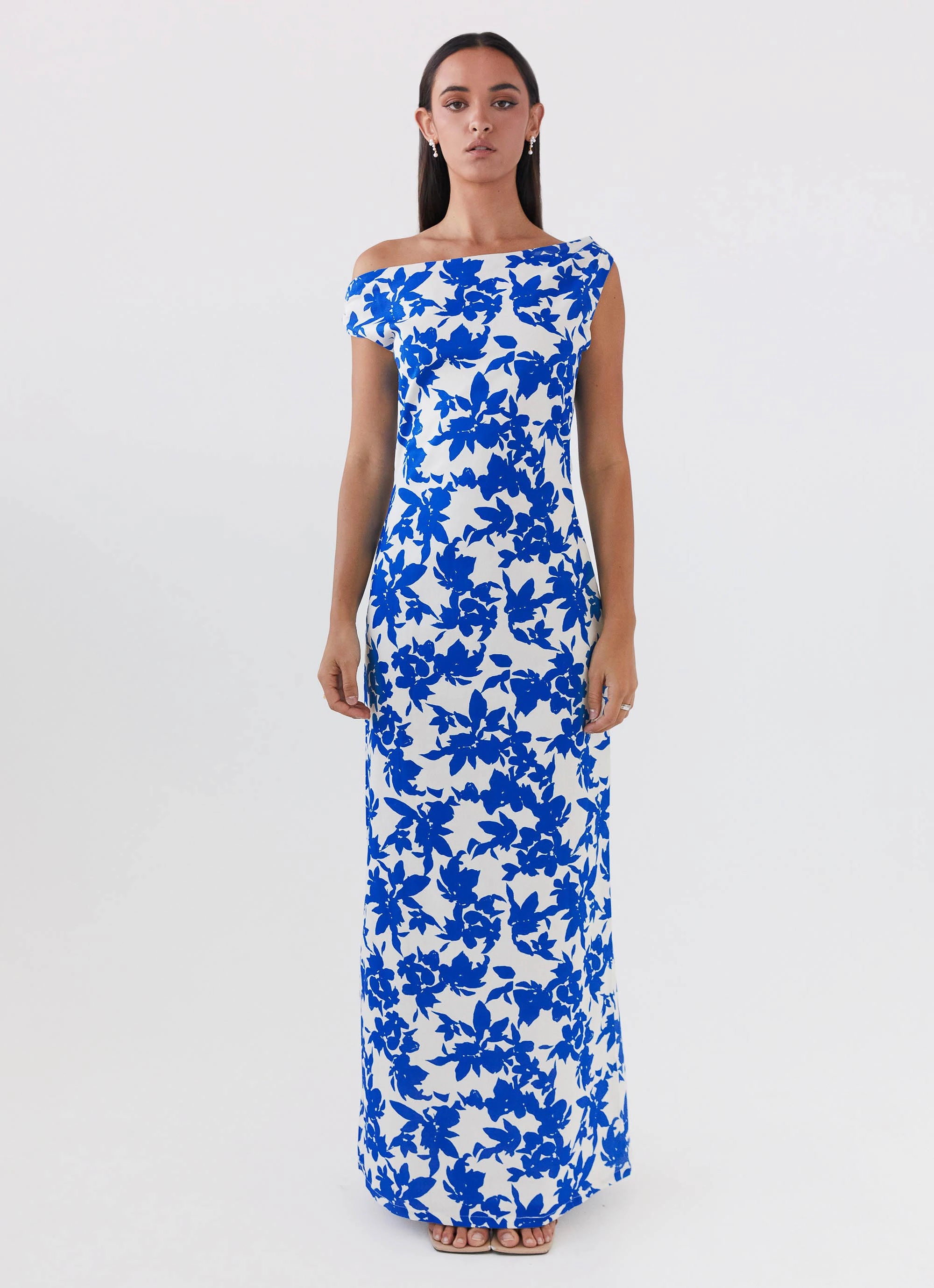 Pyper Off Shoulder Maxi Dress - Blue Floral Hidden Zipper Office Wear