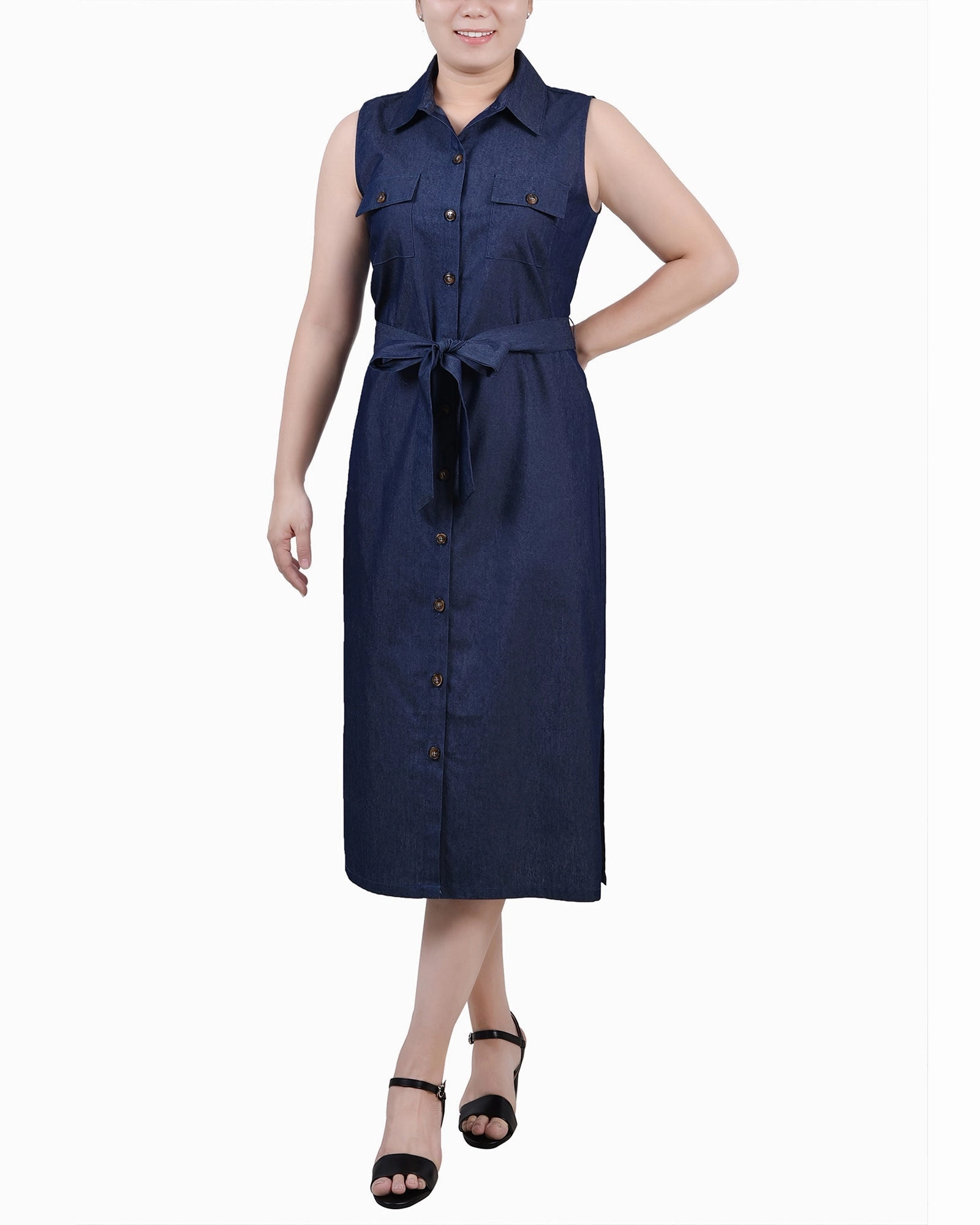 Fall Inspired All Time Sleeveless Belted Chambray Dress
