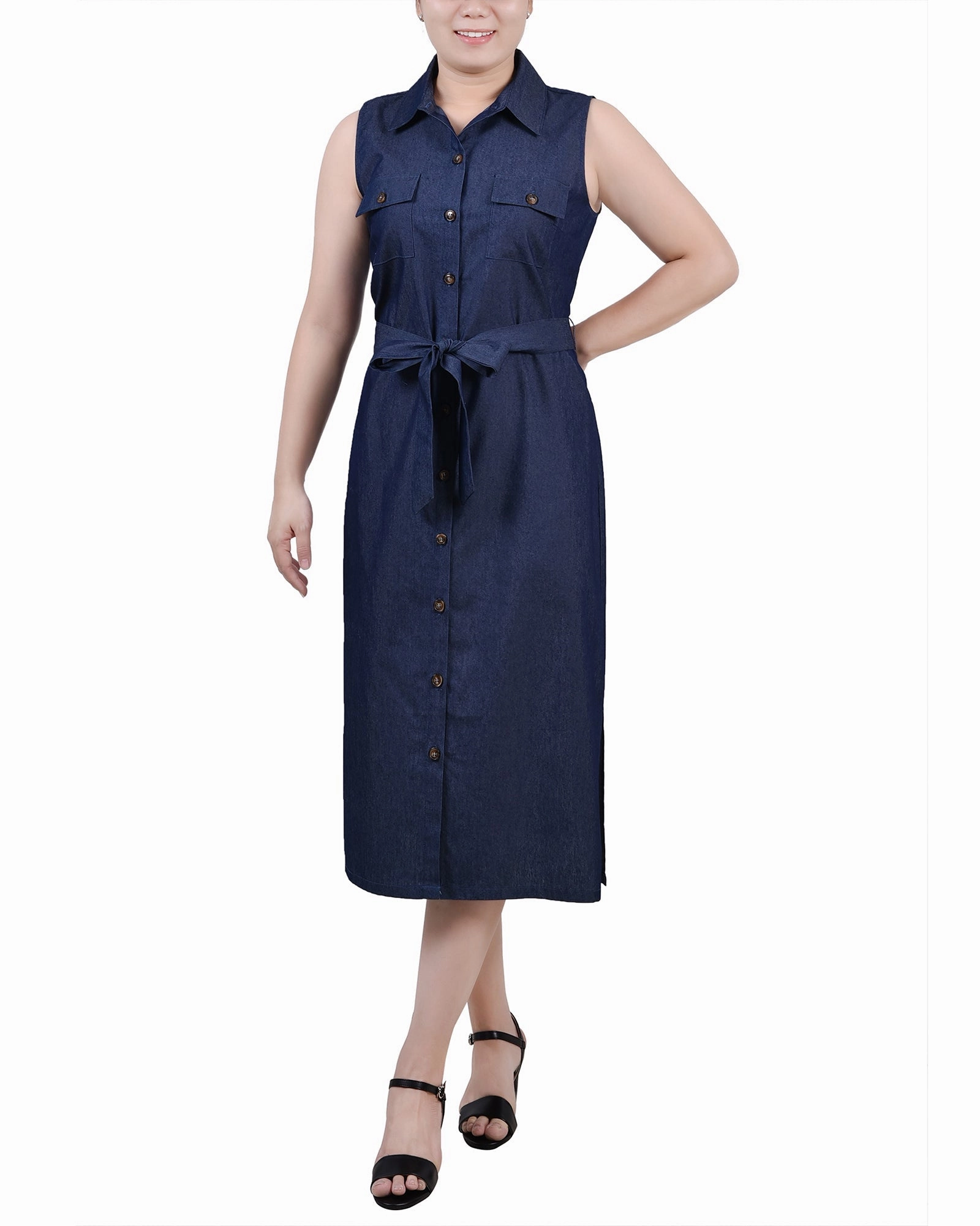 Sleeveless Belted Chambray Dress Linen Love Vibrant Aesthetic
