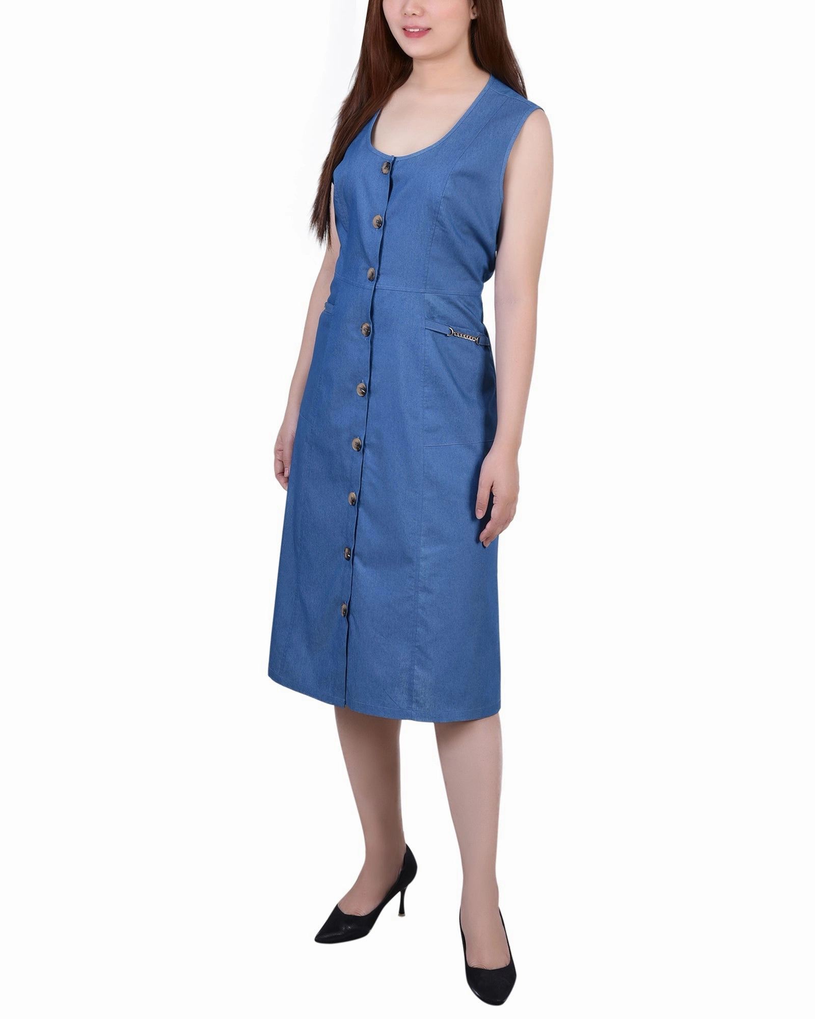 Sleeveless Belted Chambray Dress Airy Layer windproof