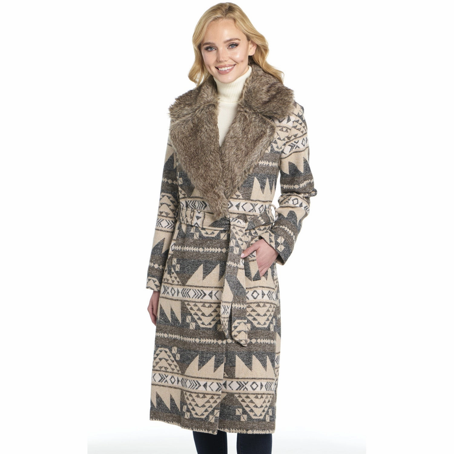 Eco Friendly Cripple Creek Womens Belted Navajo Blanket Snap Wood Ash Polyester Duster Coat