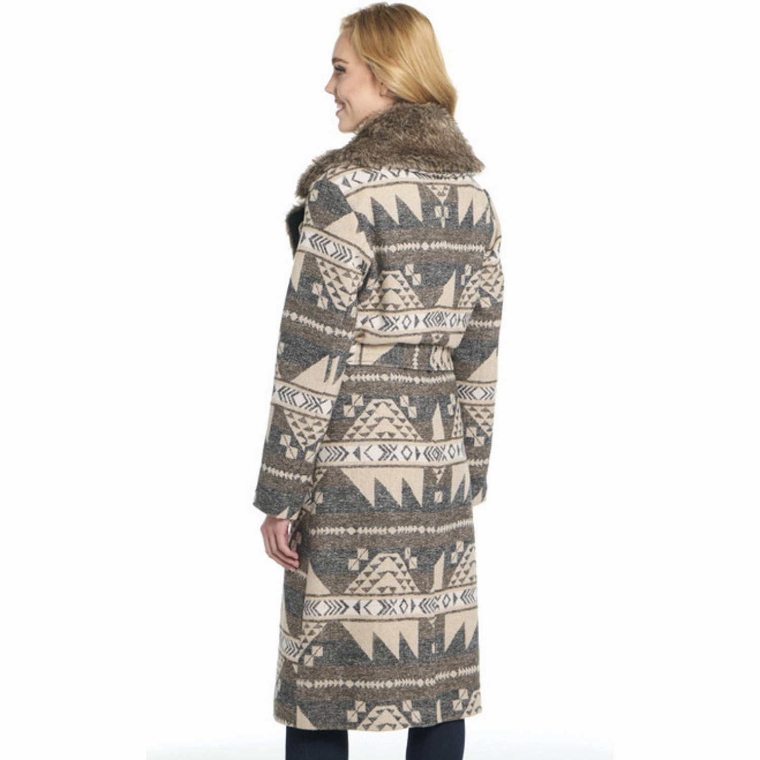 Cripple Creek Womens Belted Navajo Blanket Snap Wood Ash Polyester Duster Coat Friction Resistant