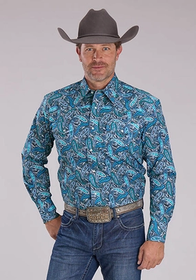 Roper Mens 2502 Sky Paisley Blue 100% Cotton L/S Shirt Reinforced Collar