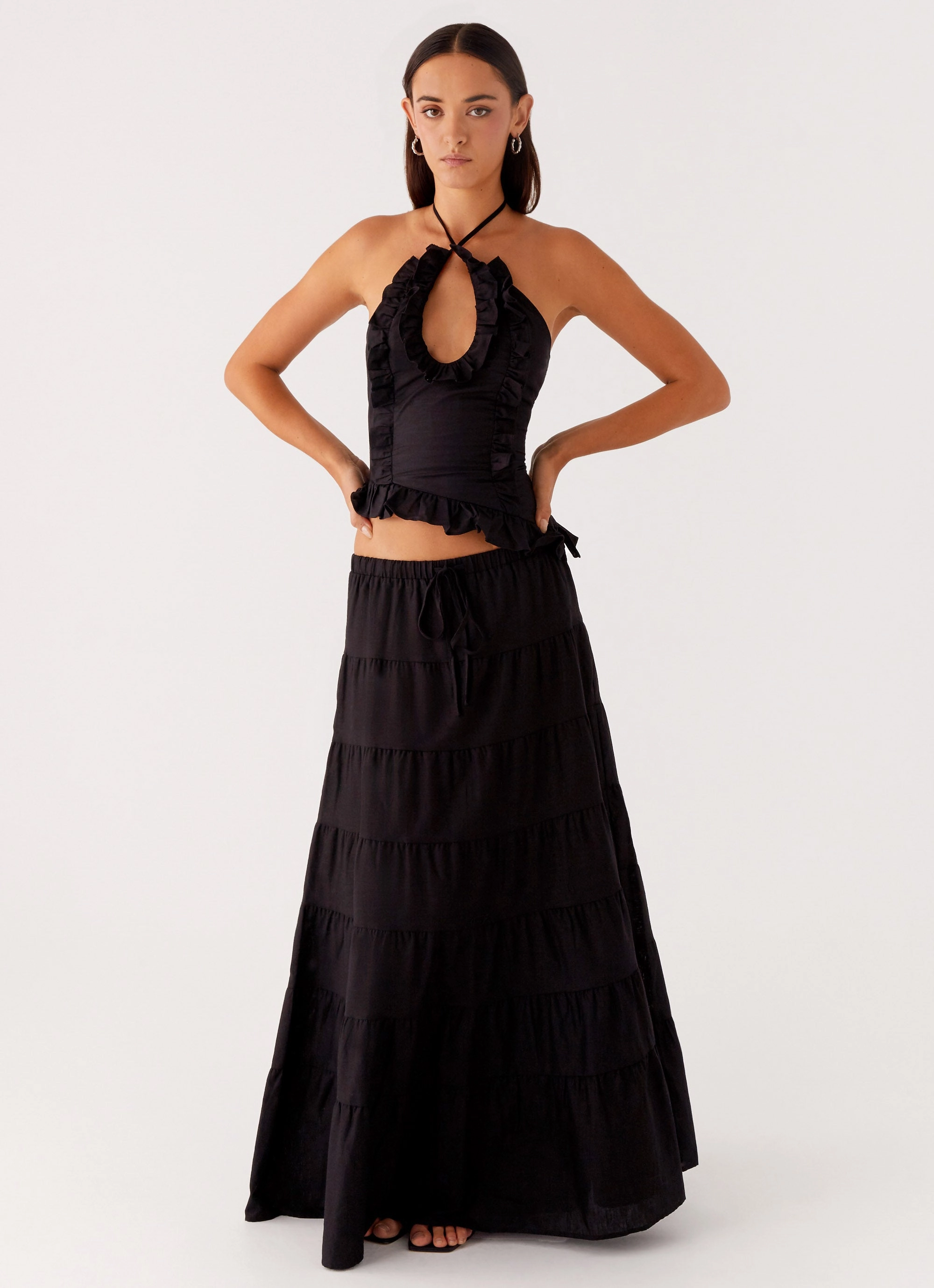 Mariella Linen Maxi Skirt - Black Ocean Waves