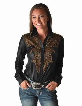 Compact Packing Adjustable Hem Cowgirl Tuff Womens Western Metallic Black/Leopard Polyester L/S Shirt