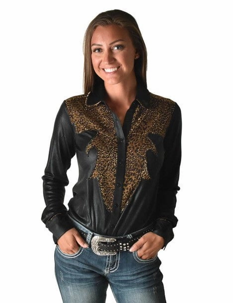 Seasonal Collection Cowgirl Tuff Womens Western Metallic Black/Leopard Polyester L/S Shirt