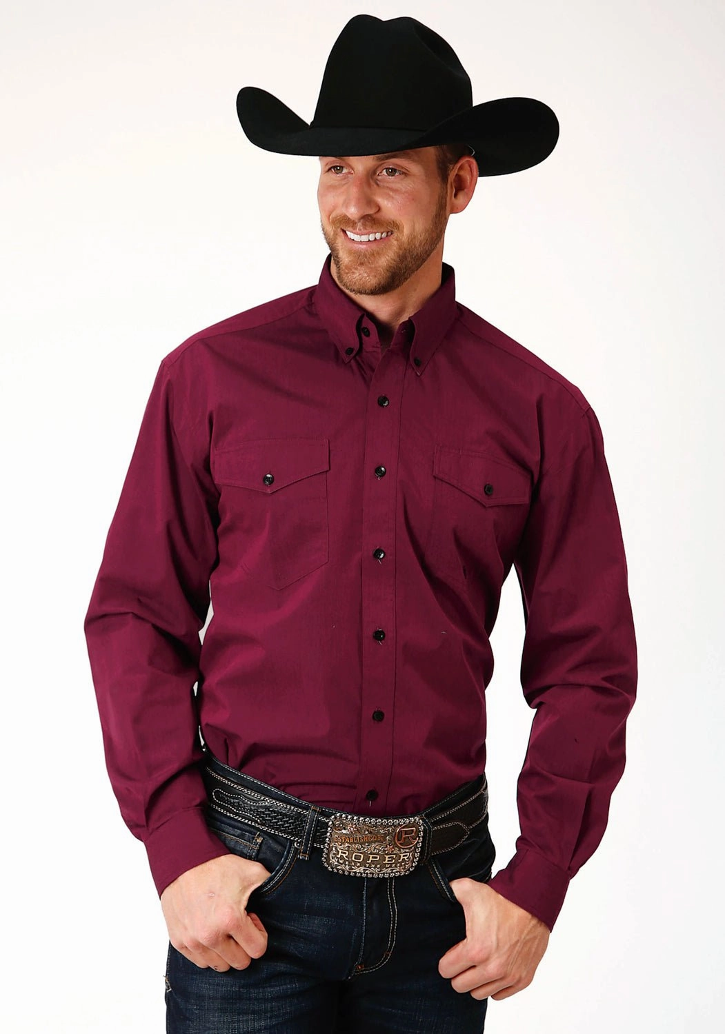Roper Mens Wine 100% Cotton Black Fill BD L/S Btn Shirt Unmatched comfort Layered Sleeve Cuffs