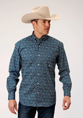 Classic Look Roper Mens Teal 100% Cotton Purple Sage Paisley BD L/S 1 Pkt Shirt
