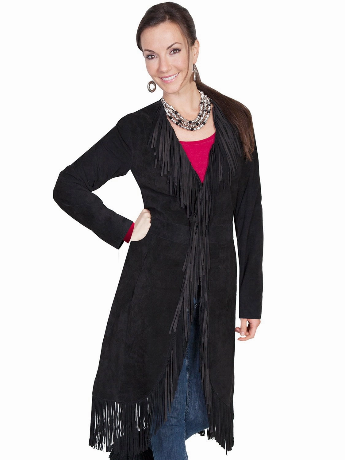 Travel Commuter Layer Heat Guard Scully Leatherwear Womens Black Boar Suede Fringe Maxi Coat