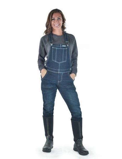 Cowgirl Tuff Womens Flannel Tuck-In Dark Wash Cotton Blend Bib Overall Functional Zip Detail Water Based Coating