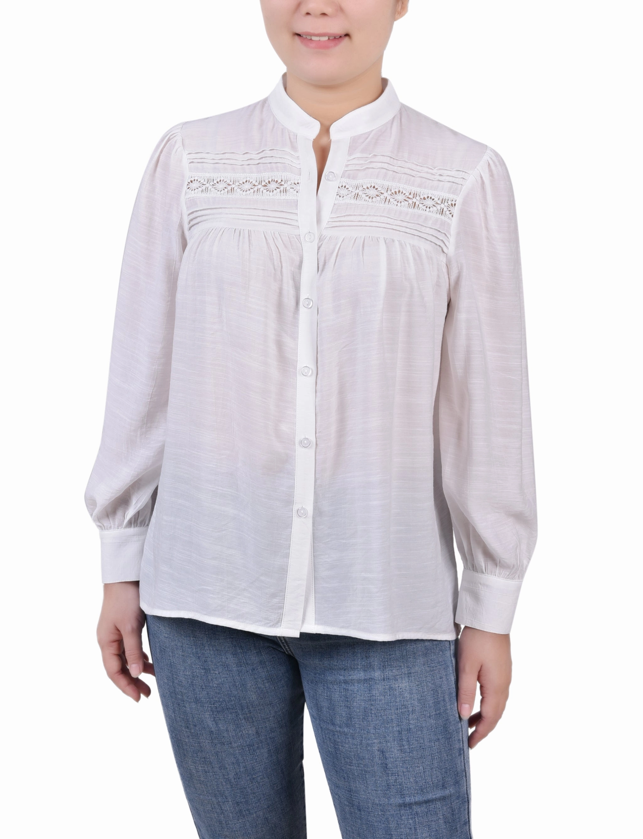 Double Chest Pocket Long Sleeve Crochet Blouse