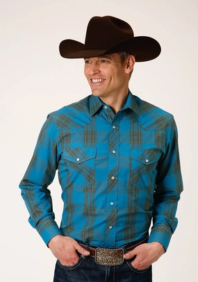 All-Ages Fit Fall Fashion Roper Mens Peacock Blue/Olive Cotton Blend Plaid L/S Shirt