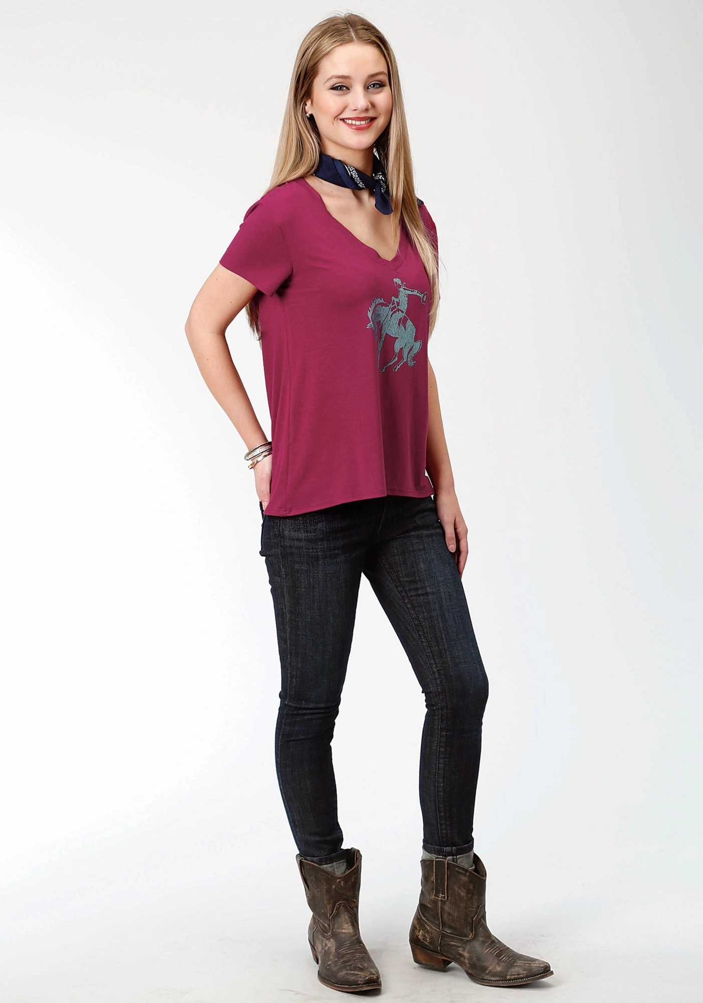 Roper Womens Plum Poly/Rayon Bronc Rider S/S T-Shirt Affordable Fashion Loose Fit