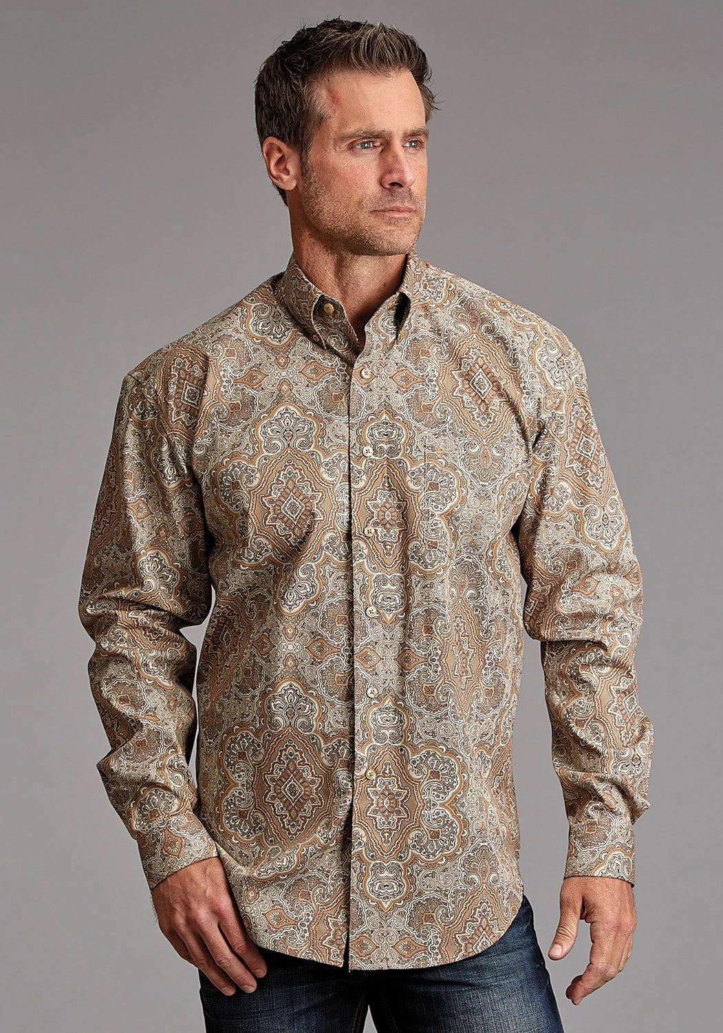 Comfort Stretch Bold Print Stetson Mens 1921 Desert Paisley Brown 100% Cotton 1 Pkt L/S Shirt