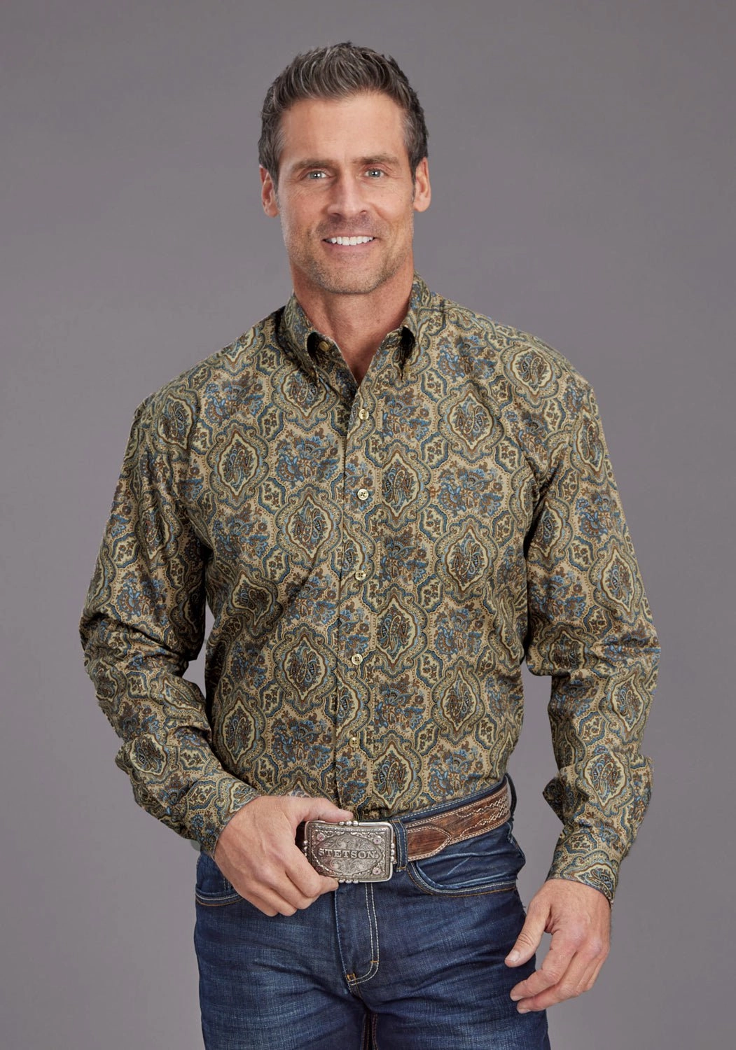 Stetson Mens Frontier Medallion Brown 100% Cotton 1 Pkt L/S Shirt Animal Print Sustainable Material