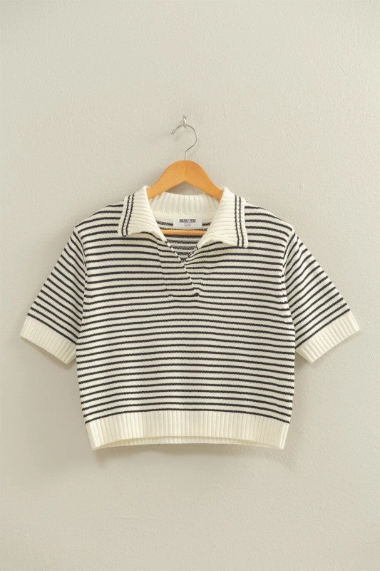 Zoe Striped Collared Short Sleeve Knit Top MultiPanelDesign Stretchable Knit