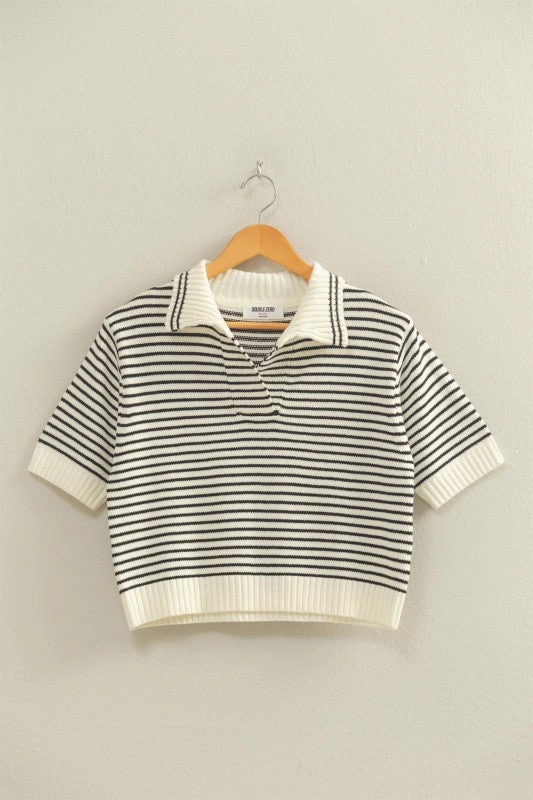summer look MoistureManagementSystem Zoe Striped Collared Short Sleeve Knit Top