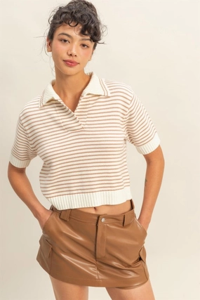Warm Layer Zoe Striped Collared Short Sleeve Knit Top
