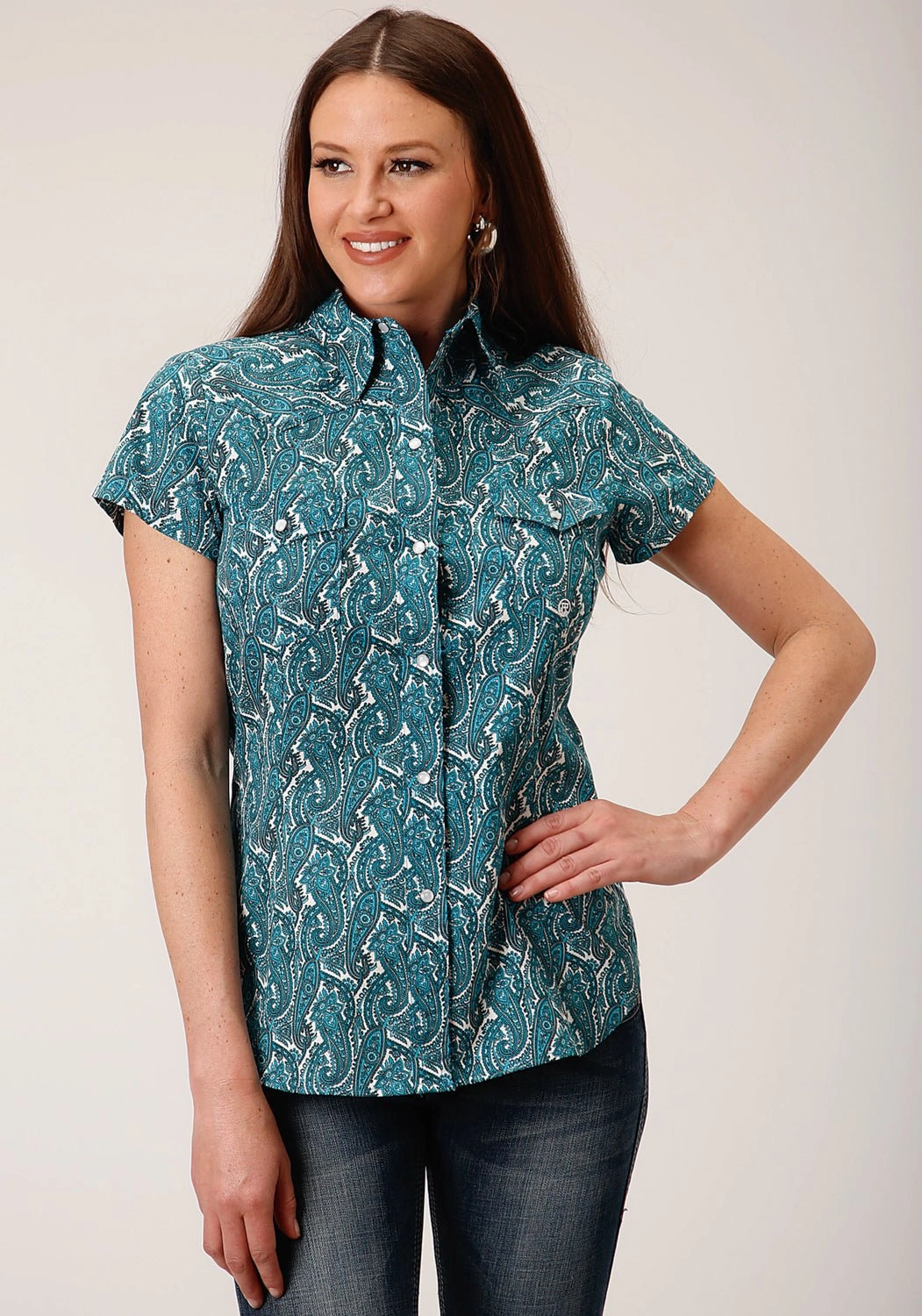 Roper Womens Turquoise 100% Cotton Upstream Paisley S/S Shirt Gender Neutral