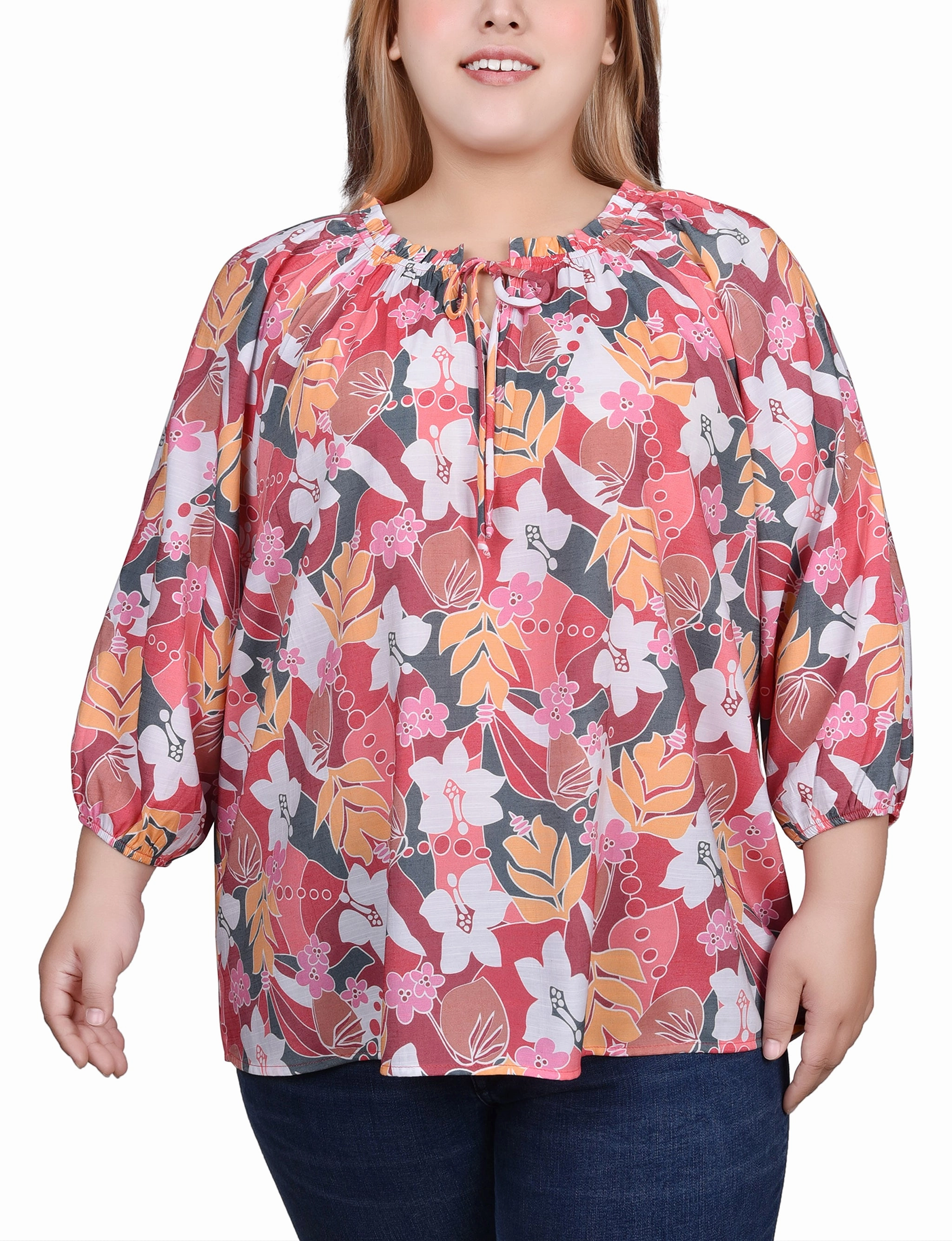 Breathable fabric Plus Size 3/4 Sleeve Drawstring Neck Blouse