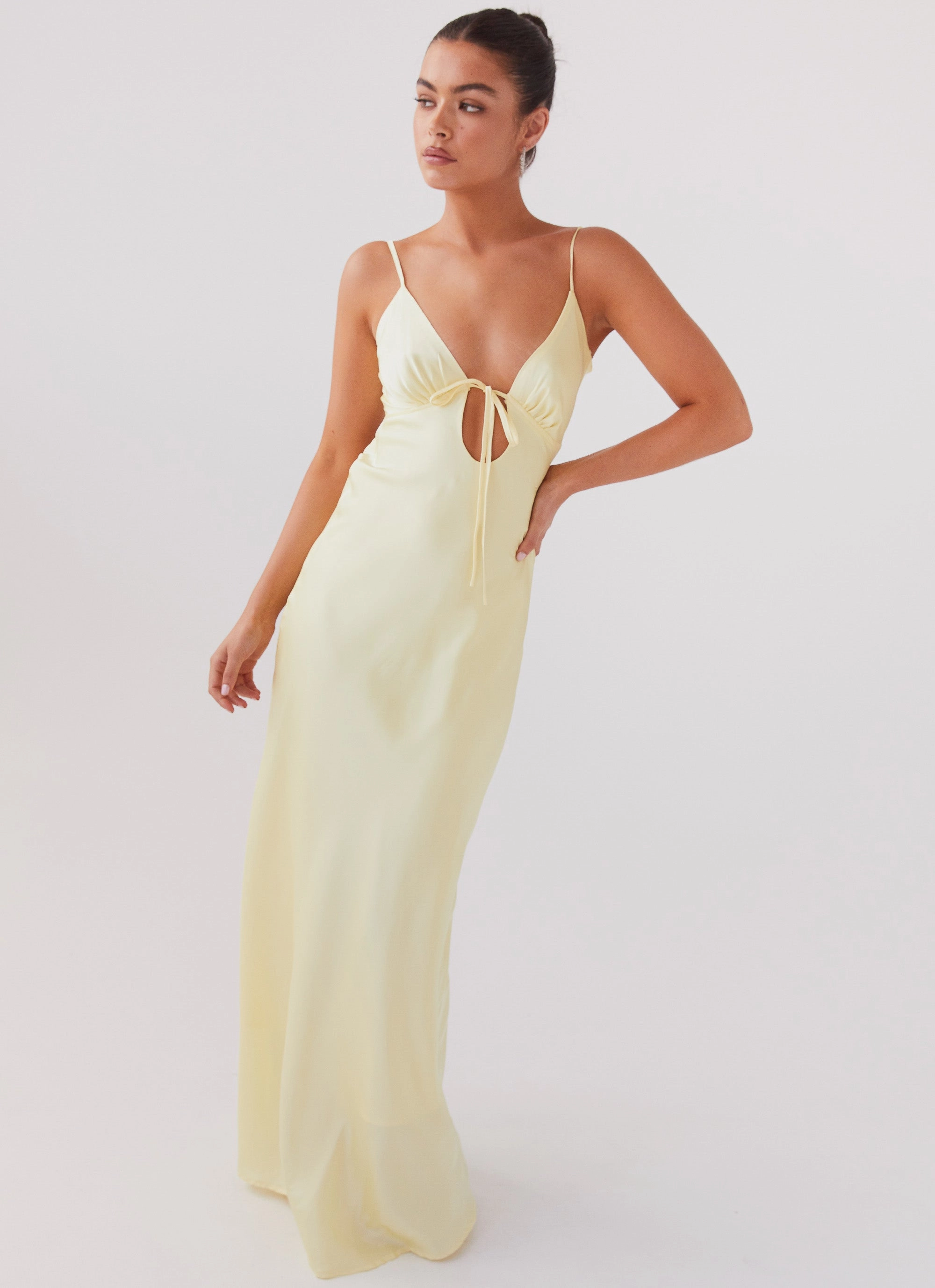 Sleek And Stylish Chilly Protection Coat Flora Satin Maxi Dress - Lemon