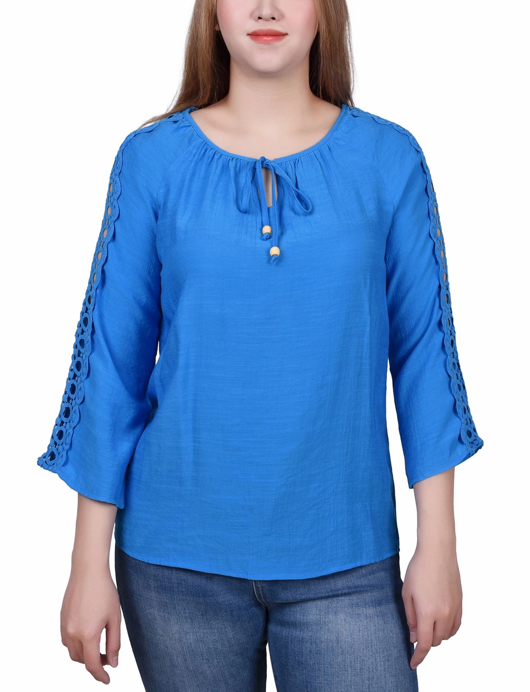 Hidden Button Placket 3/4 Sleeve Crochet Detail Blouse