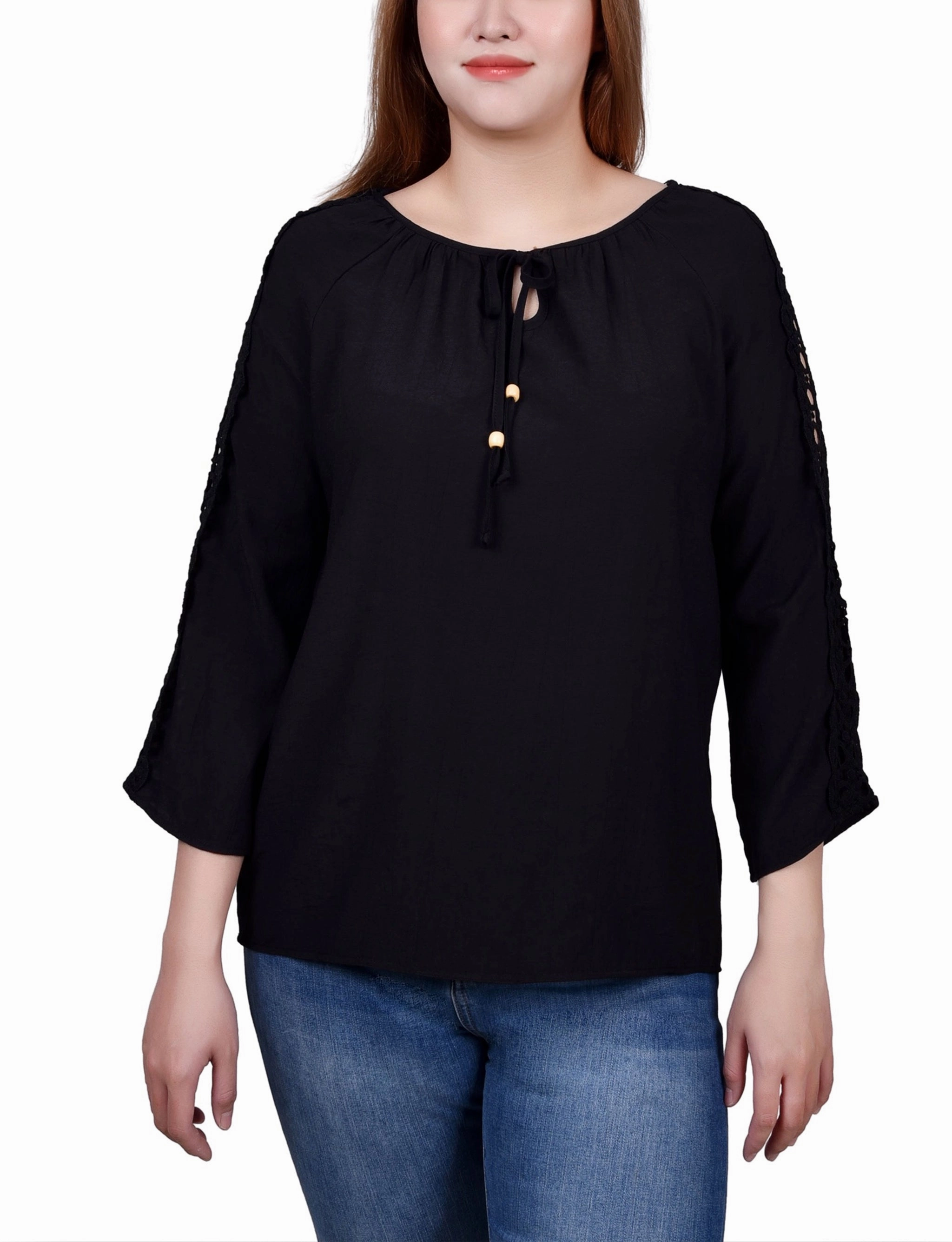 Quick Access Zipper 3/4 Sleeve Crochet Detail Blouse