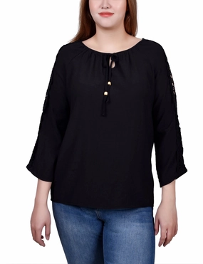 Quick Access Zipper 3/4 Sleeve Crochet Detail Blouse