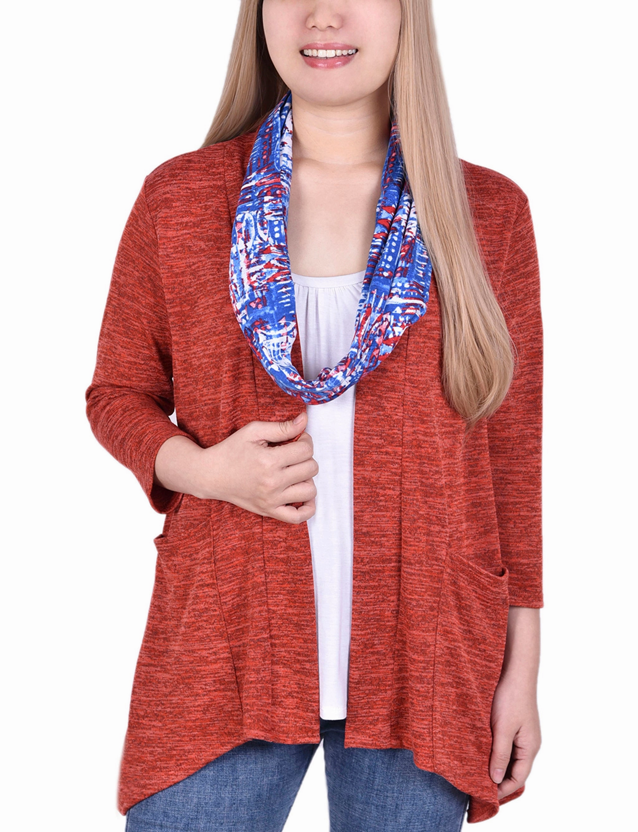 Cardigan With Inset And Detachable Printed Scarf Convertible Style