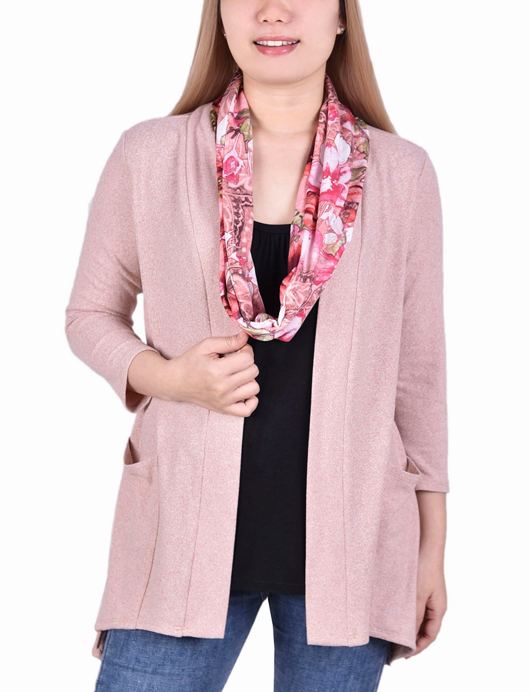 Cardigan With Inset And Detachable Printed Scarf Wrinkle Resistant Treatment