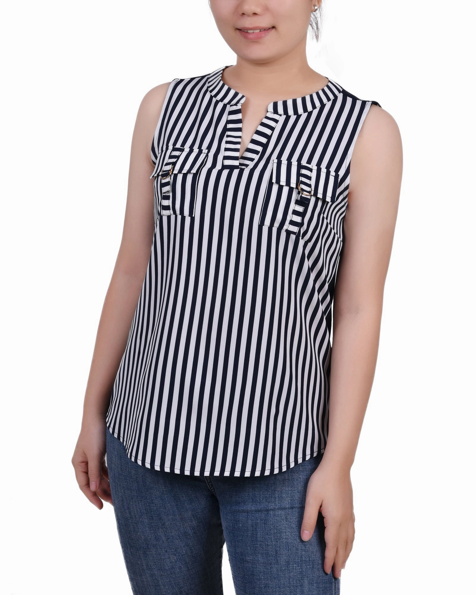 Anti Odor Finish Petite Sleeveless Y Neck Combo Blouse