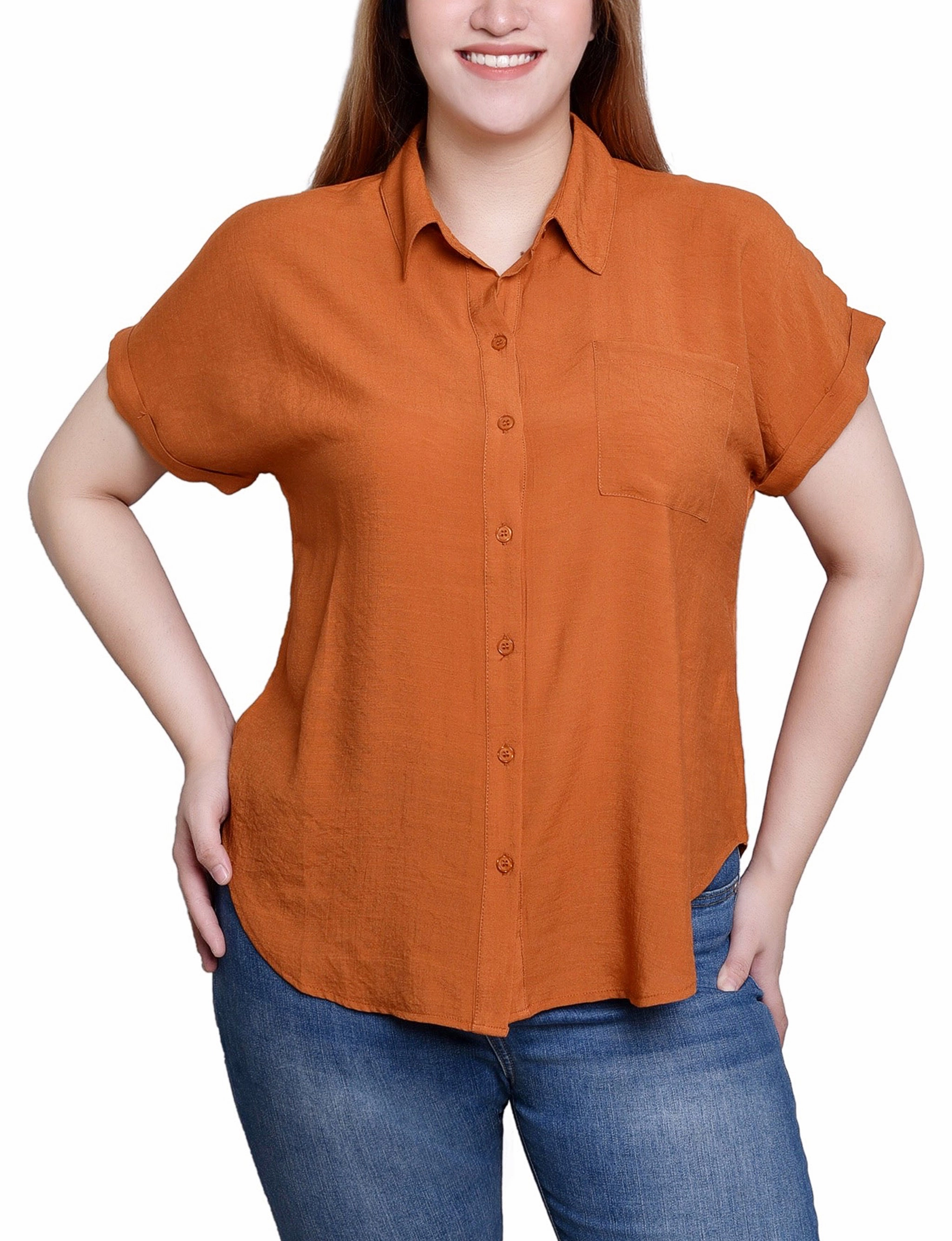 ClassicCrewNeck Short Sleeve Woven Front/Jersey Back Top