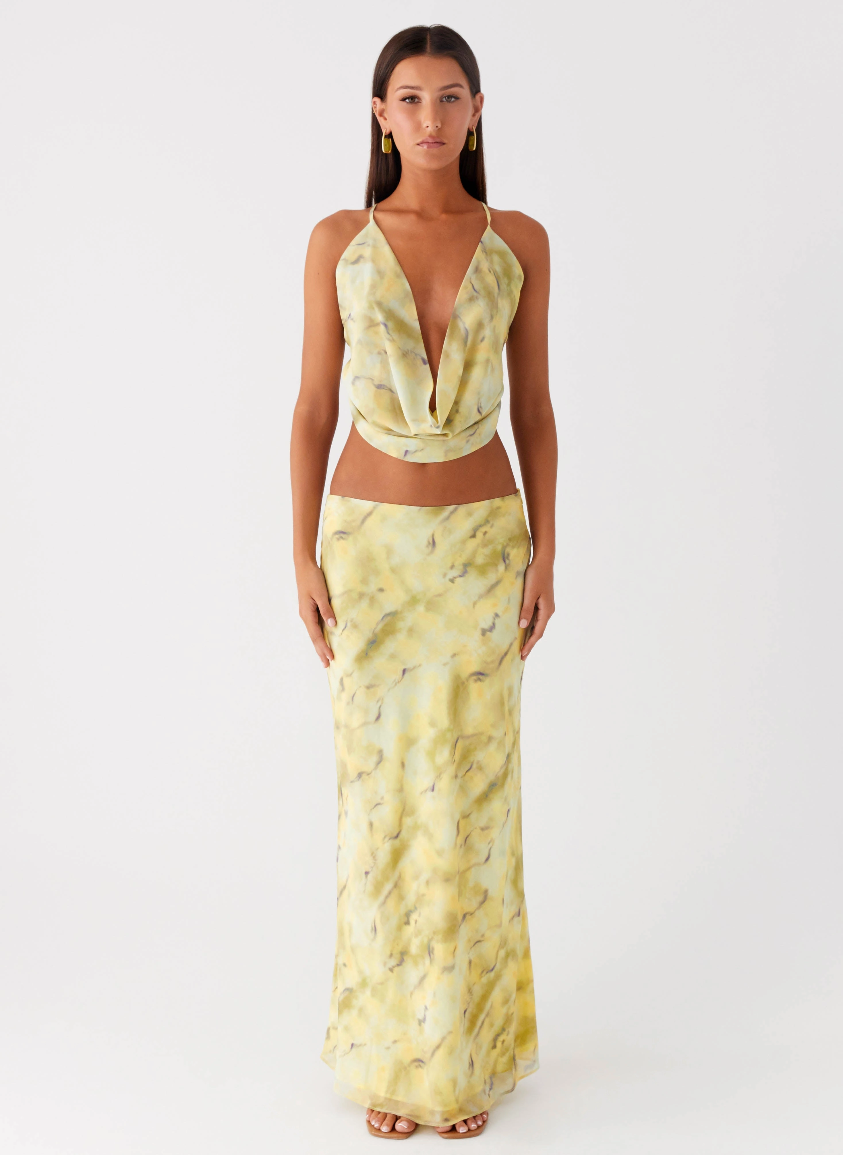 Flowy Drape Style Fusion Kylo Low Rise Maxi Skirt - Yellow Tie Dye