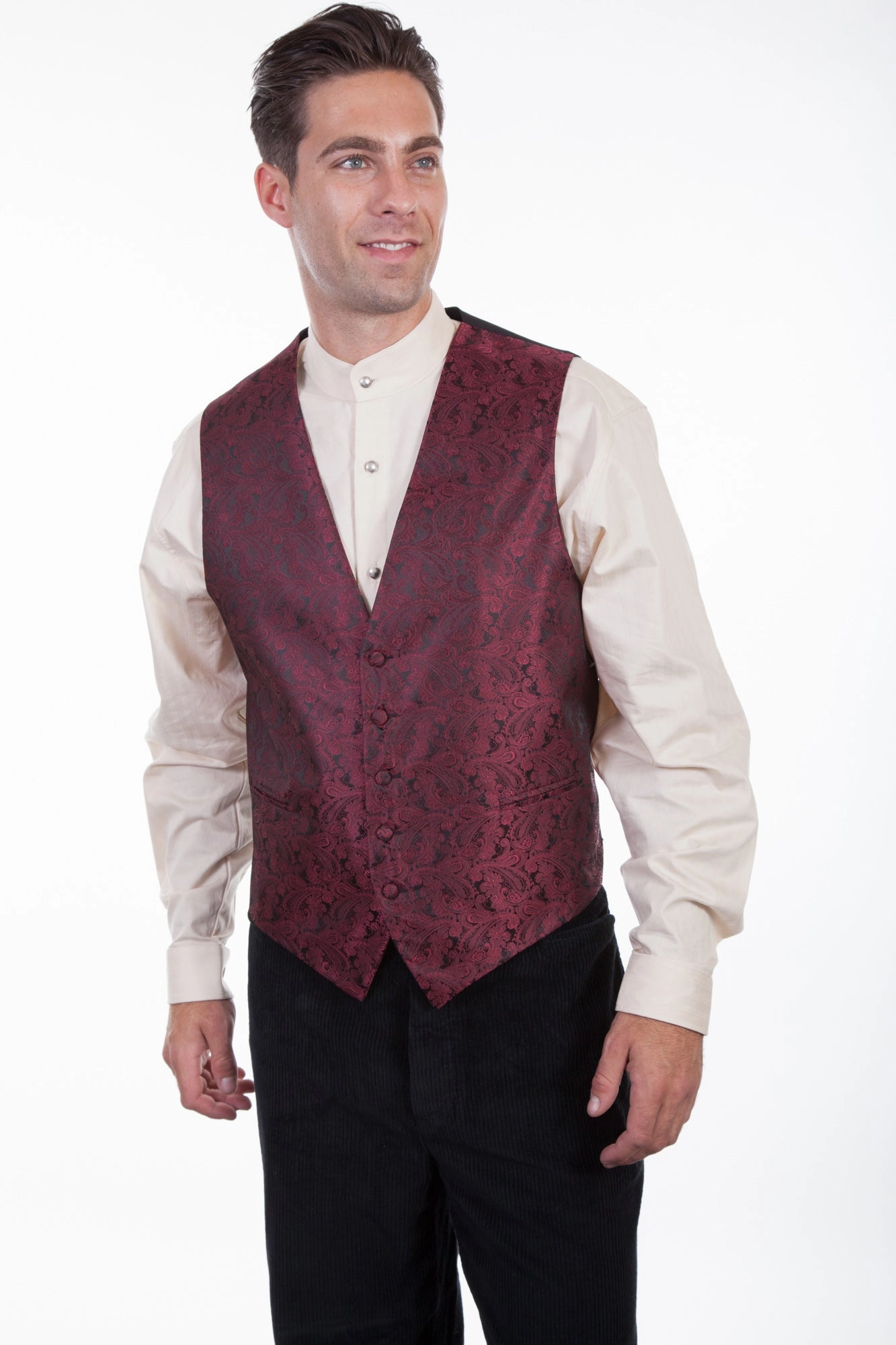 Hooded Attachment Casual Fit Silhouette Scully Mens Burgundy Polyester Paisley No Lapel Vest