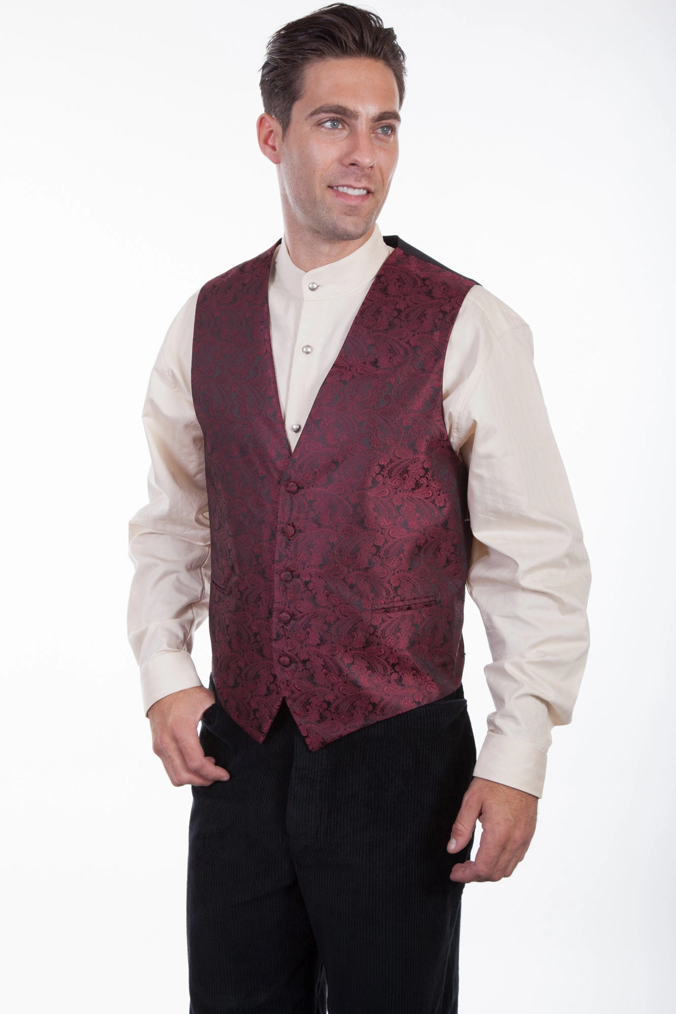 Scully Mens Burgundy Polyester Paisley No Lapel Vest LowProfileStitching