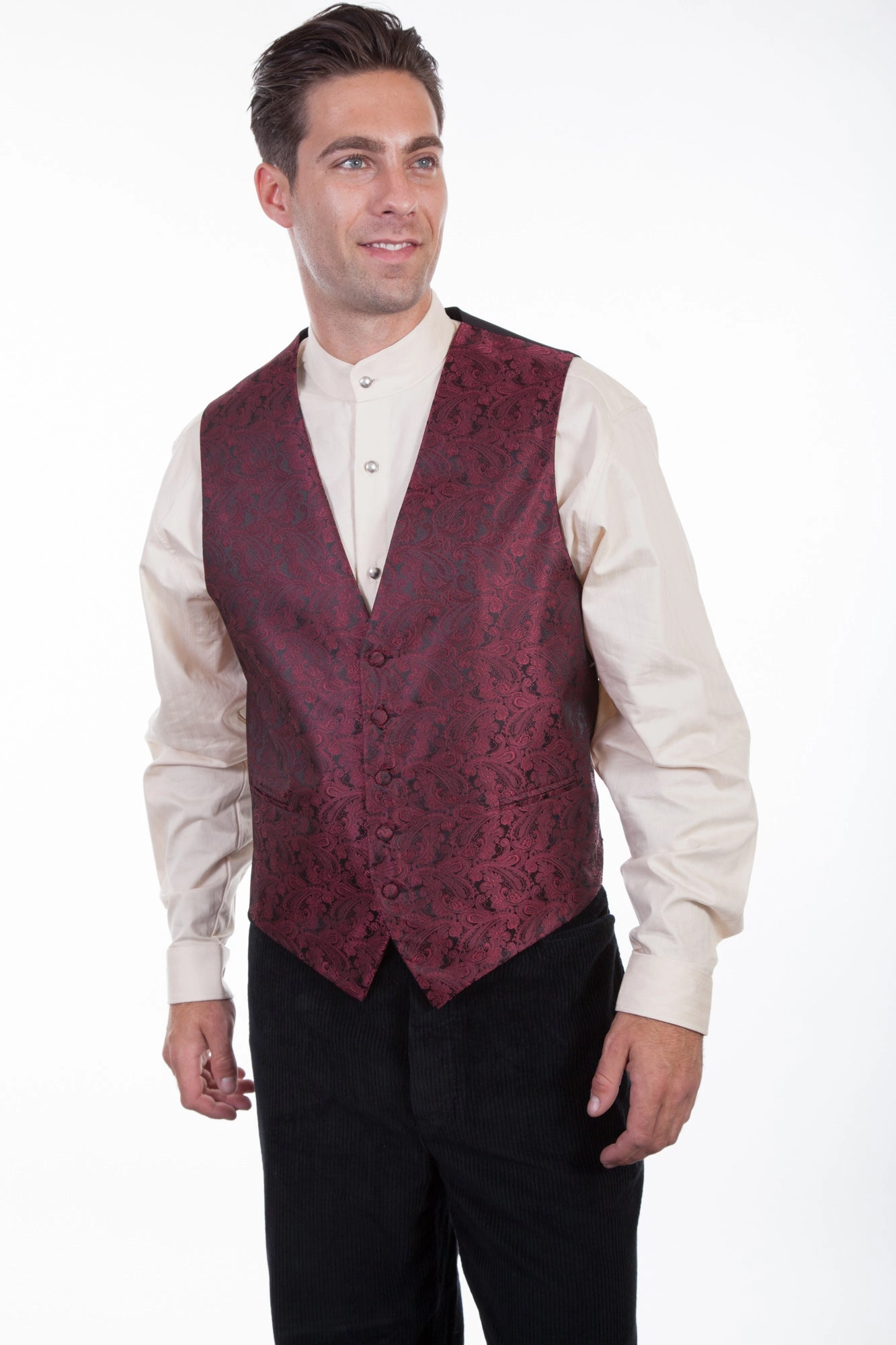 Scully Mens Burgundy Polyester Paisley No Lapel Vest Water Repellent Finish