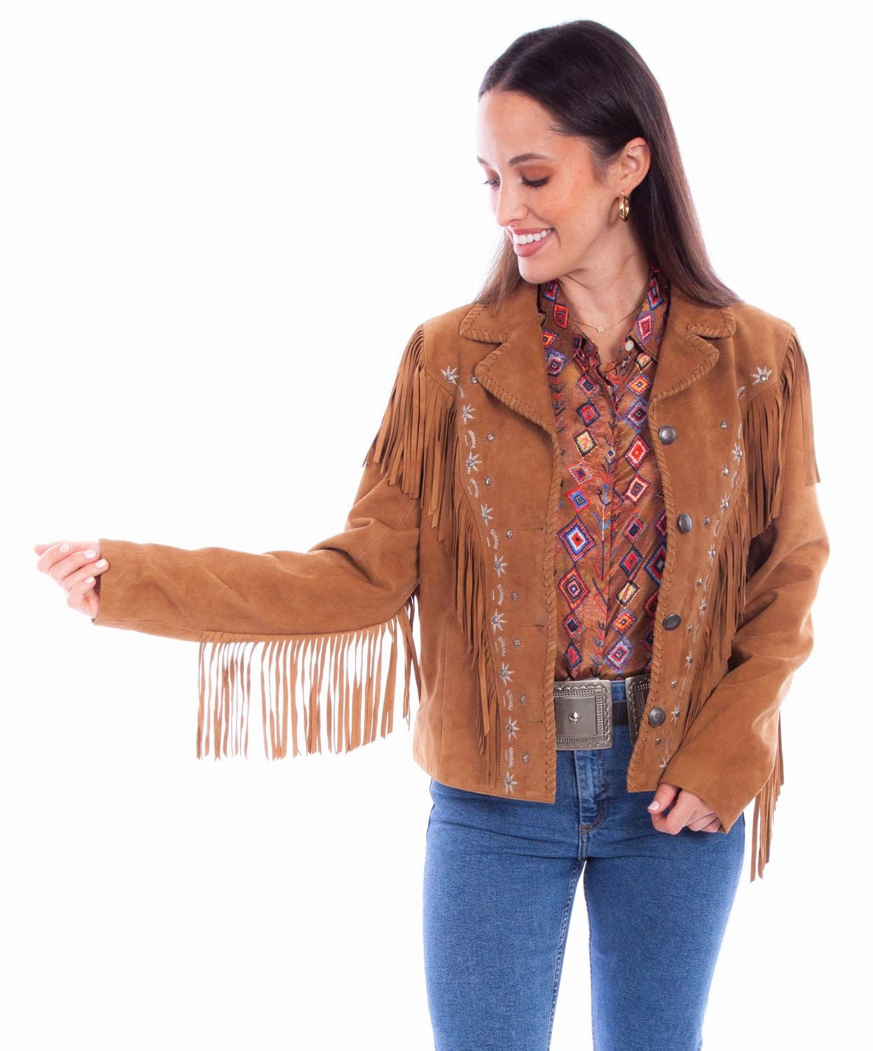Heat Tech Fabric Mold resistant Scully Womens Western Fringe Button Tan Leather Leather Jacket