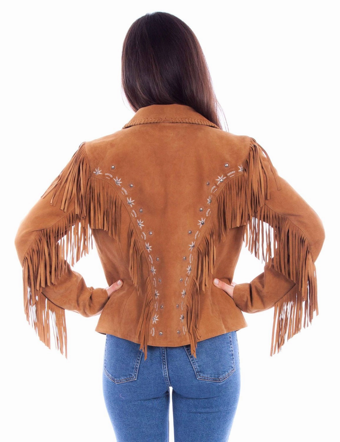 Scully Womens Western Fringe Button Tan Leather Leather Jacket Comfort Stretch Fabric