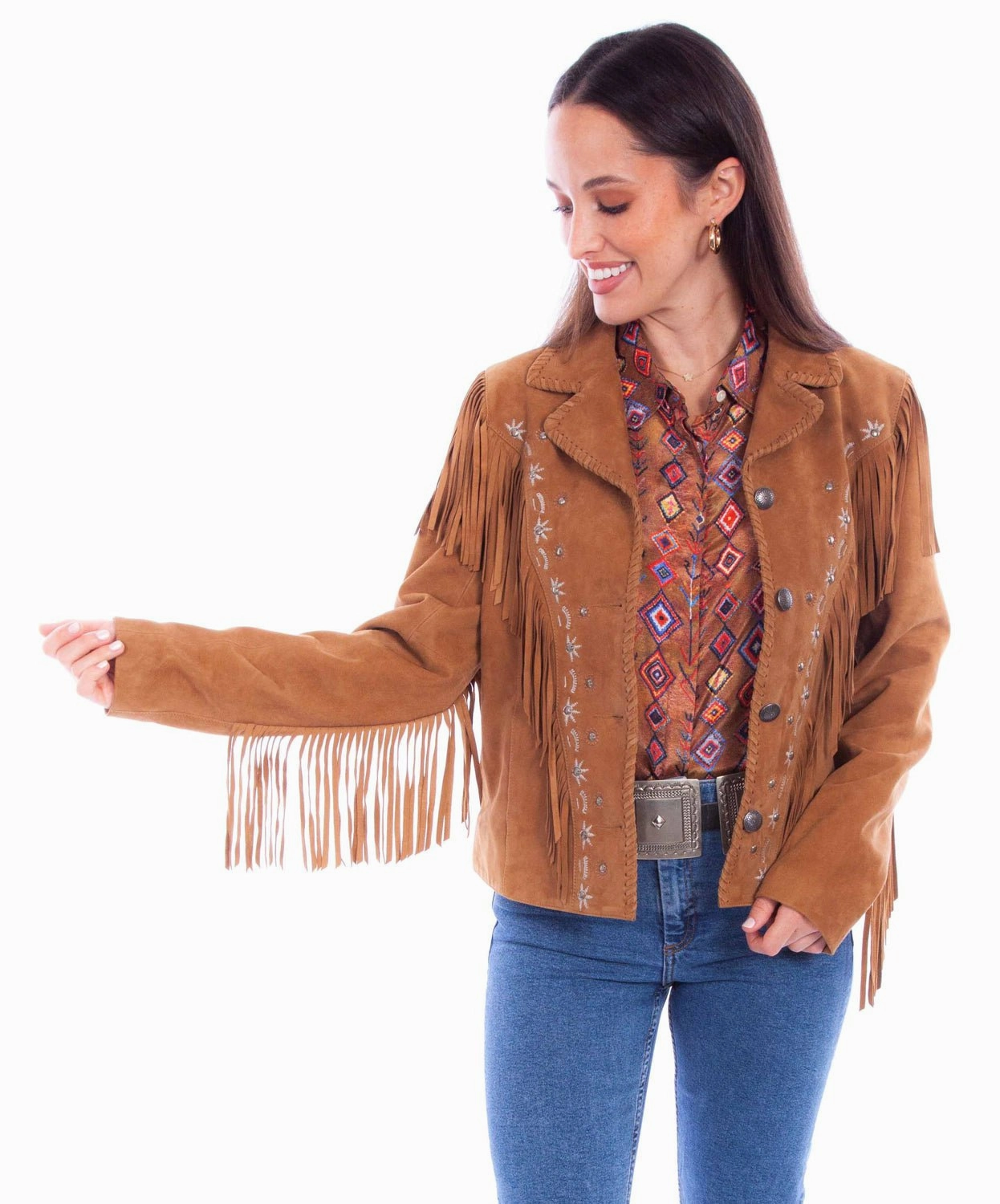 FlexFoldPackaging Cold Days Scully Womens Western Fringe Button Tan Leather Leather Jacket