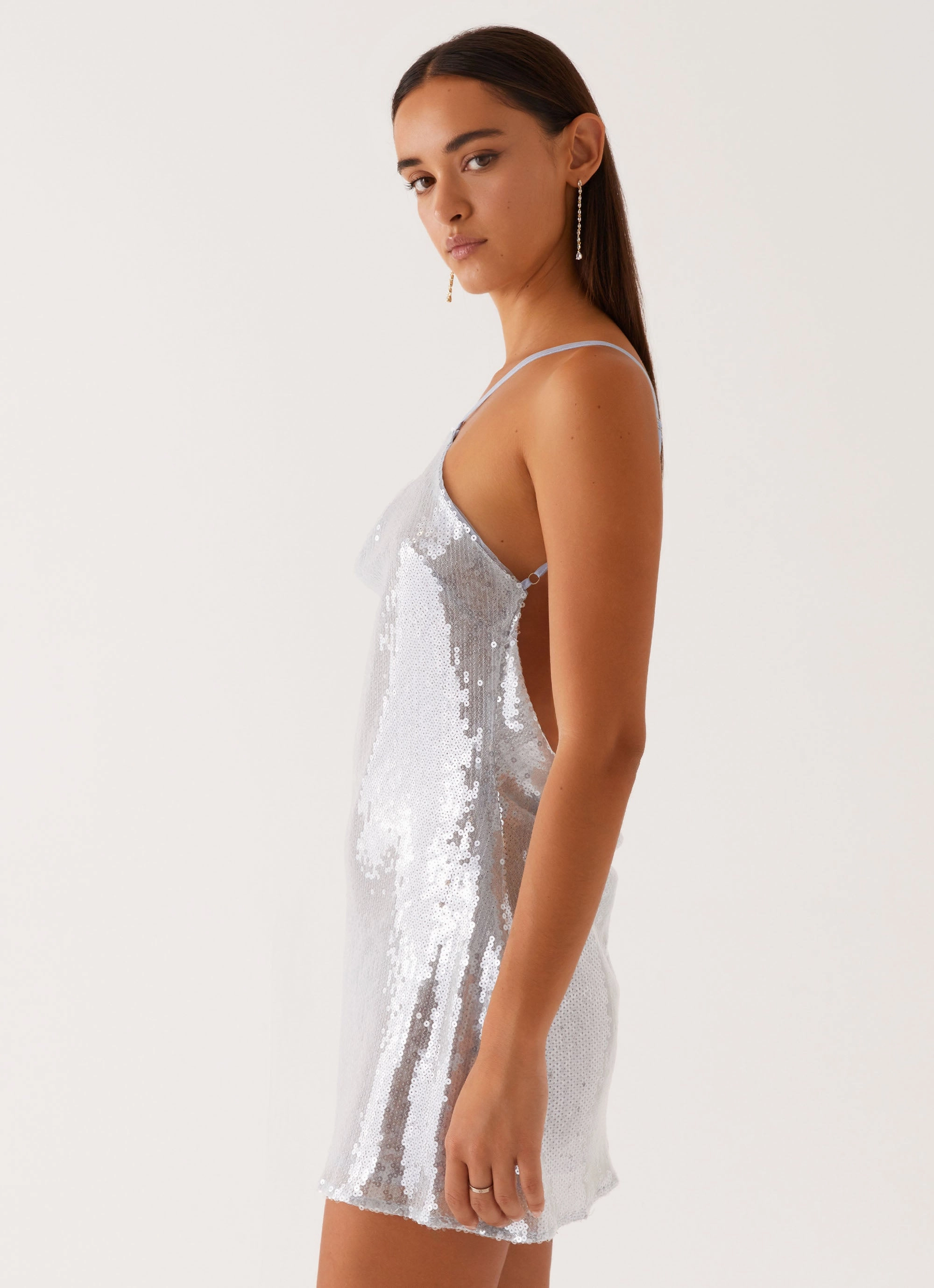 Light Fabric Winter Proof Radiant Energy Cowl Back Mini Dress - Blue