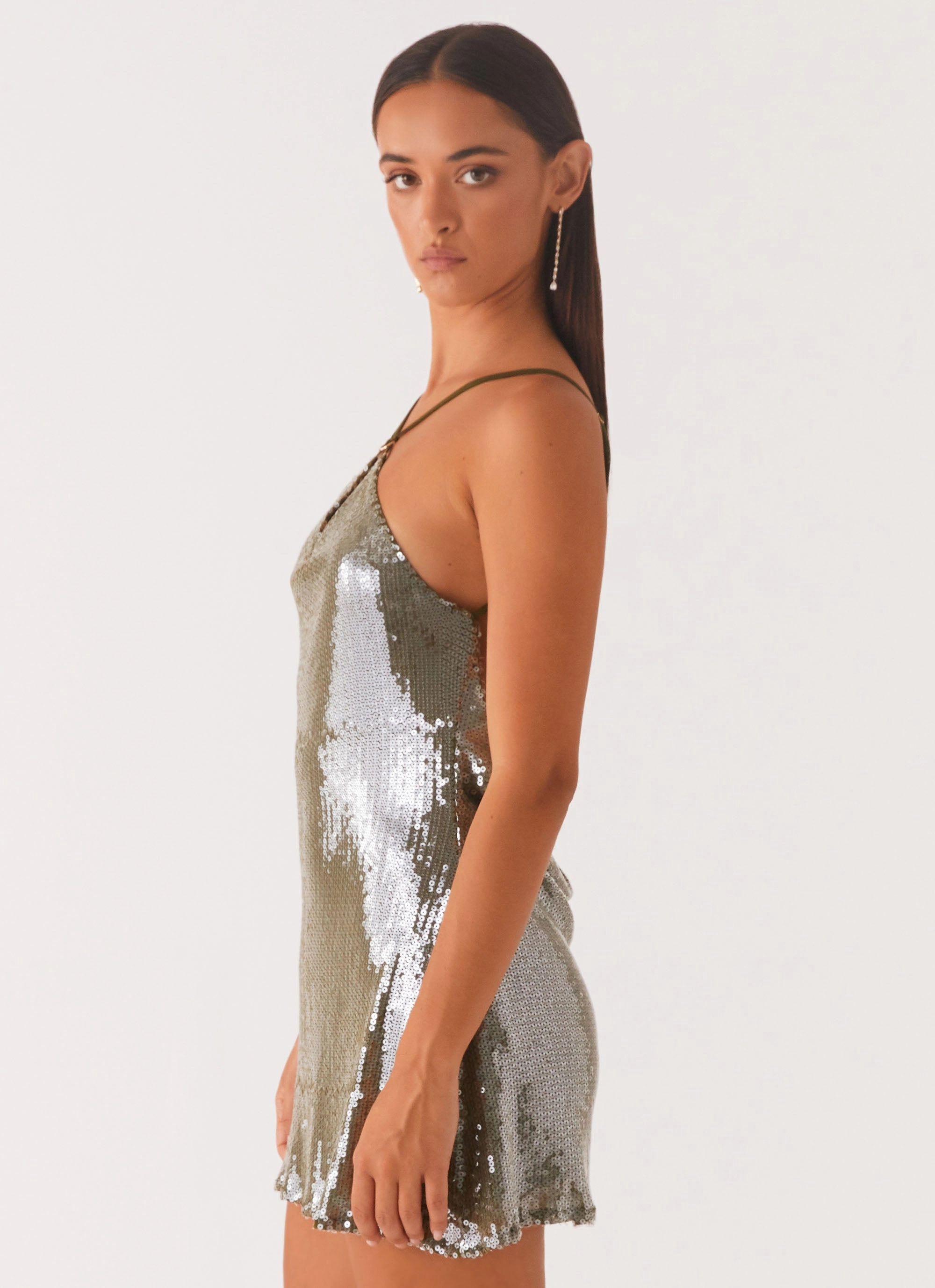 Autumn Wear Radiant Energy Cowl Back Mini Dress - Olive