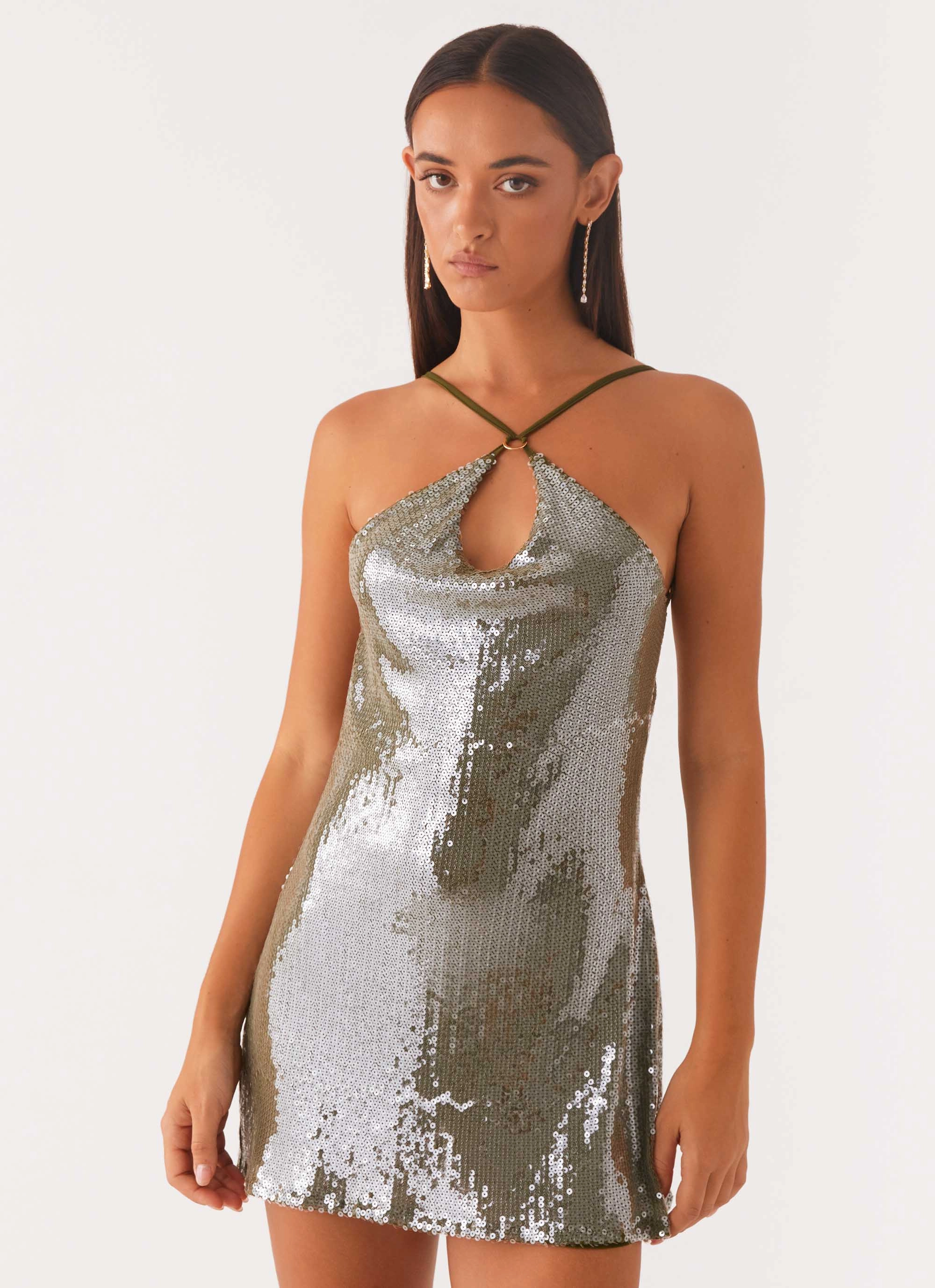 Faux Fur Jacket City Commuter Radiant Energy Cowl Back Mini Dress - Olive