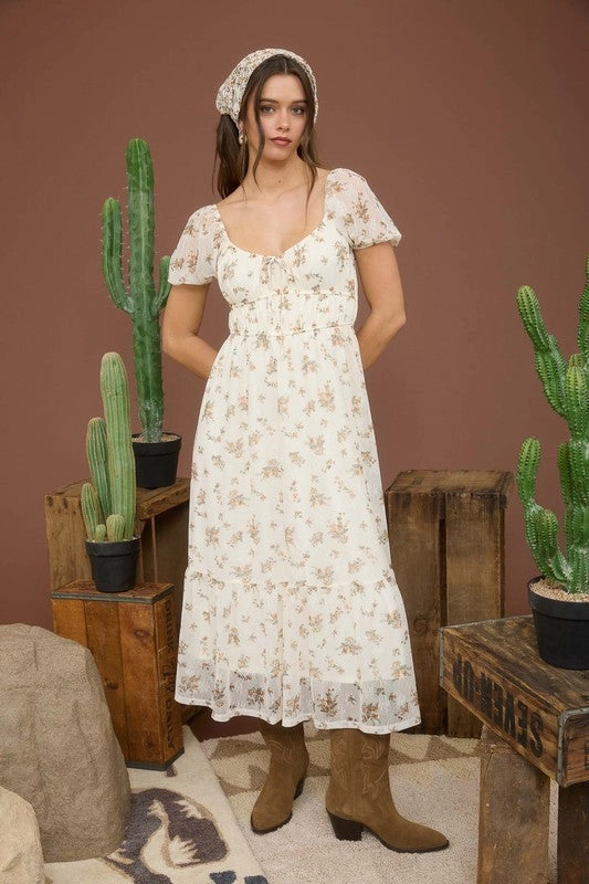 Raelynn Sheer Floral Puff Sleeve Front Tie Midi Dress Timeless elegance