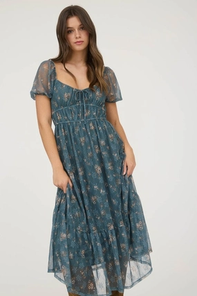 Elegant Motion Raelynn Sheer Floral Puff Sleeve Front Tie Midi Dress