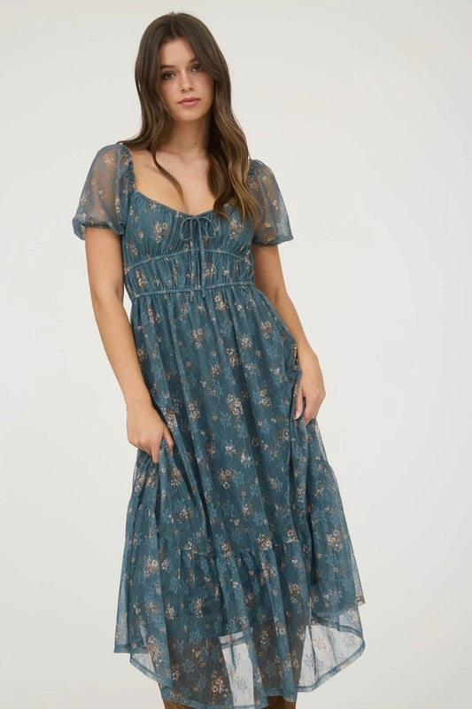 Nature Inspired Wedding-Guest Raelynn Sheer Floral Puff Sleeve Front Tie Midi Dress