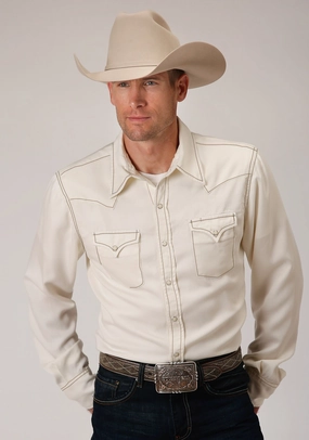 Business Meeting Stetson Mens Cream Denim Original Rugged L/S Shirt
