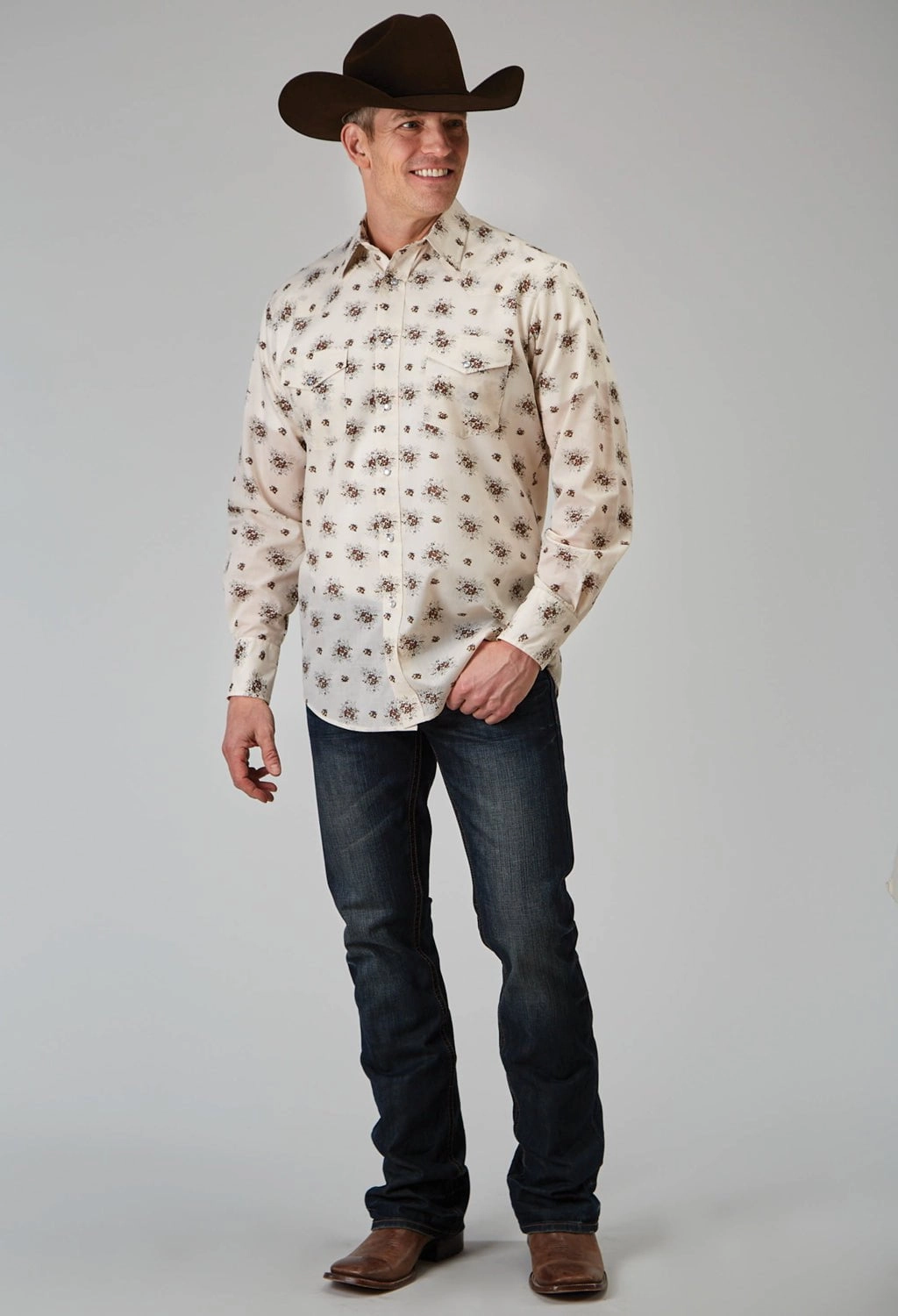 Seamless Shoulder Construction Roper Mens 1964 Vintage Floral White Cotton Blend L/S Shirt