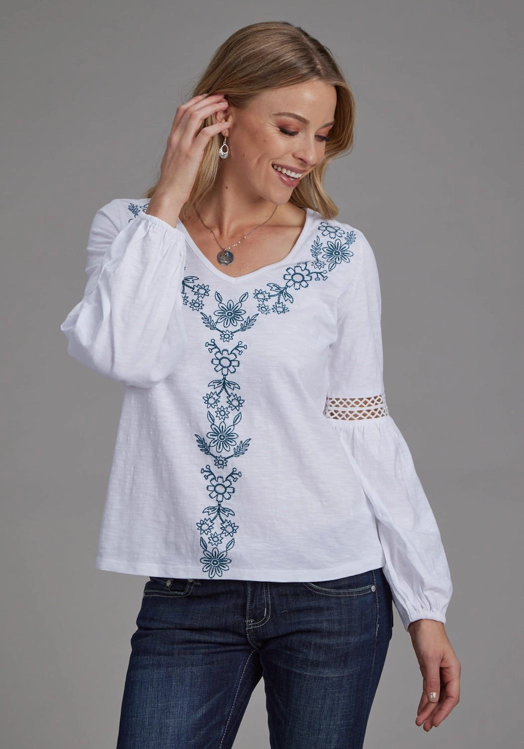 Functional Design fade resistant color Roper Womens Crochet Bishop Sleeves White 100% Cotton L/S Blouse