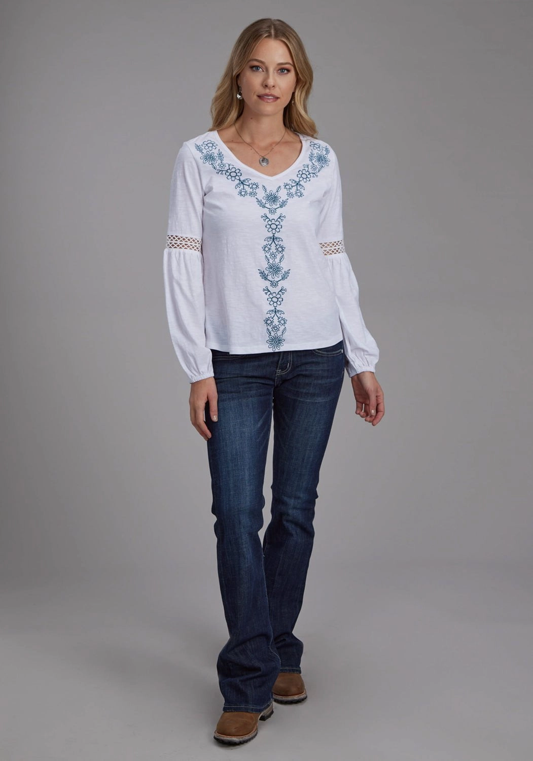 Roper Womens Crochet Bishop Sleeves White 100% Cotton L/S Blouse Party outfit Coastal Vibes